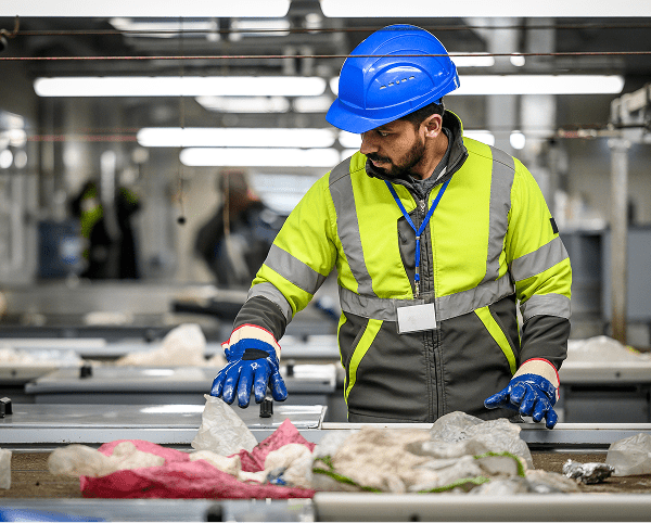 Worker in safety gear sorting fish on a processing line.