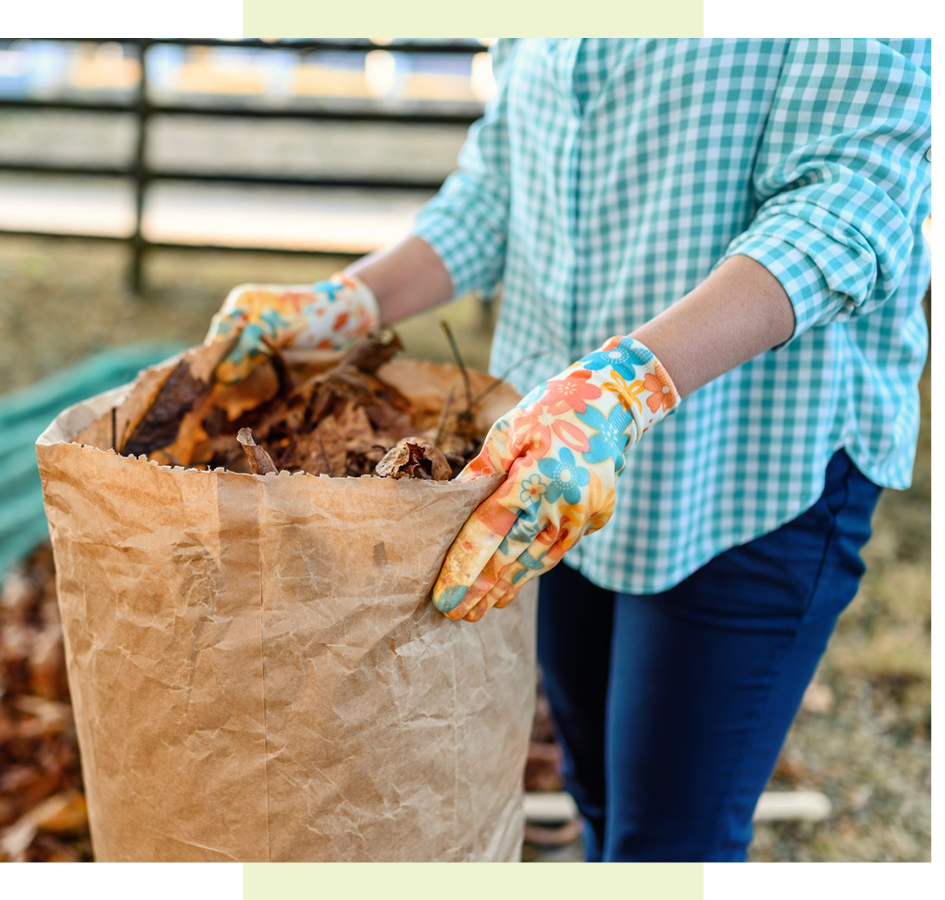 Person collecting dry leaves in a paper yard waste bag.