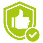 Shield with thumbs-up and check mark symbol.