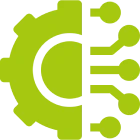Green gear and circuit icon symbolizing technology and innovation.