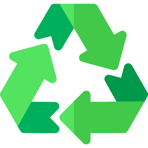 Green recycling symbol with three arrows in a triangle.